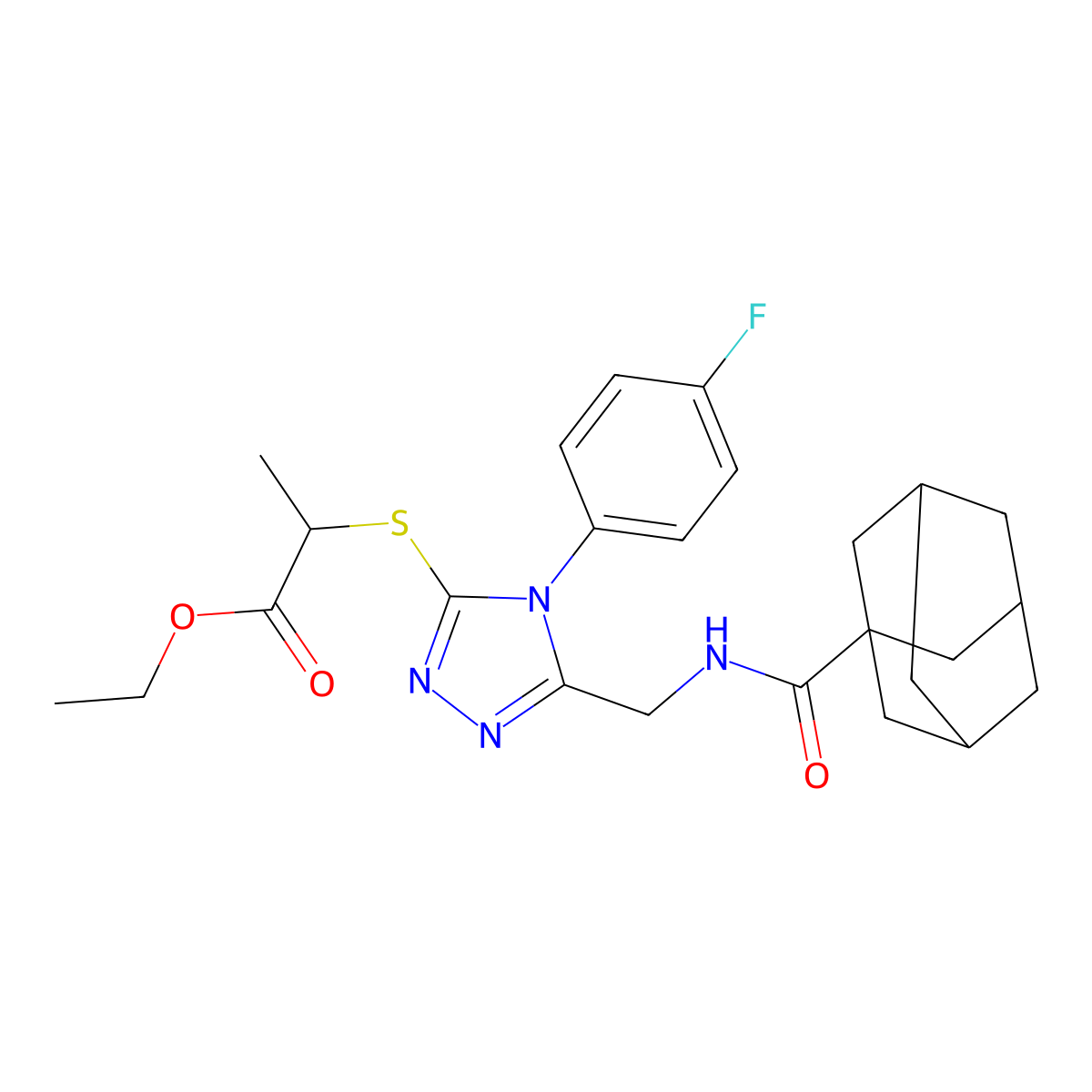 Ethyl 2-[[5-[(adamantane-1-carbonylamino)methyl]-4-(4-fluorophenyl)-1,2,4-triazol-3-yl]sulfanyl]propanoate molecular structure, CAS 476440-98-9