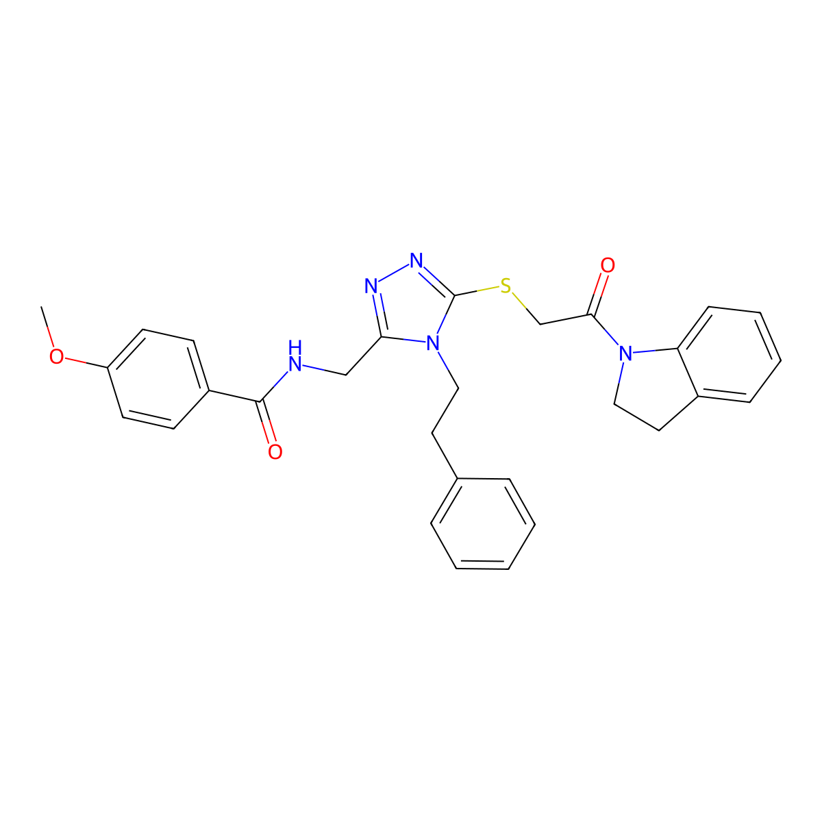 N-((5-((2-(indolin-1-yl)-2-oxoethyl)thio)-4-phenethyl-4H-1,2,4-triazol-3-yl)methyl)-4-methoxybenzamide molecular structure, CAS 476448-01-8