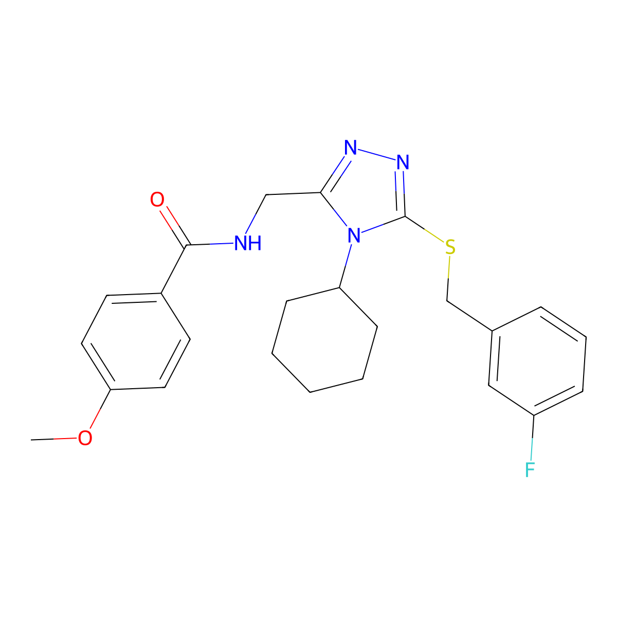 N-((4-cyclohexyl-5-((3-fluorobenzyl)thio)-4H-1,2,4-triazol-3-yl)methyl)-4-methoxybenzamide molecular structure, CAS 476448-34-7