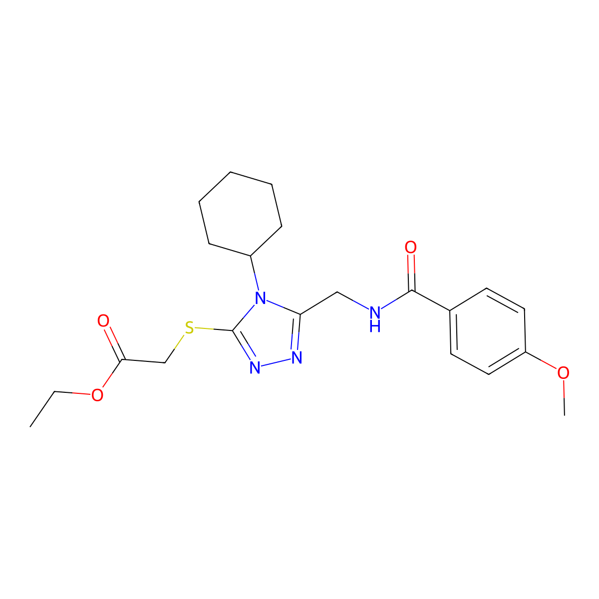Ethyl 2-[[4-cyclohexyl-5-[[(4-methoxybenzoyl)amino]methyl]-1,2,4-triazol-3-yl]sulfanyl]acetate molecular structure, CAS 476448-36-9