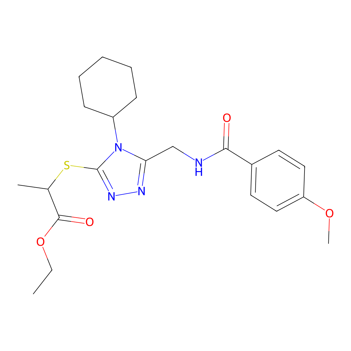 Ethyl 2-[[4-cyclohexyl-5-[[(4-methoxybenzoyl)amino]methyl]-1,2,4-triazol-3-yl]sulfanyl]propanoate molecular structure, CAS 476448-37-0