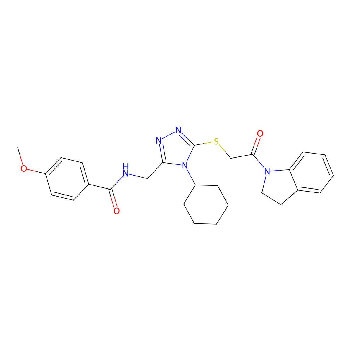 N-((4-cyclohexyl-5-((2-(indolin-1-yl)-2-oxoethyl)thio)-4H-1,2,4-triazol-3-yl)methyl)-4-methoxybenzamide molecular structure, CAS 476448-44-9