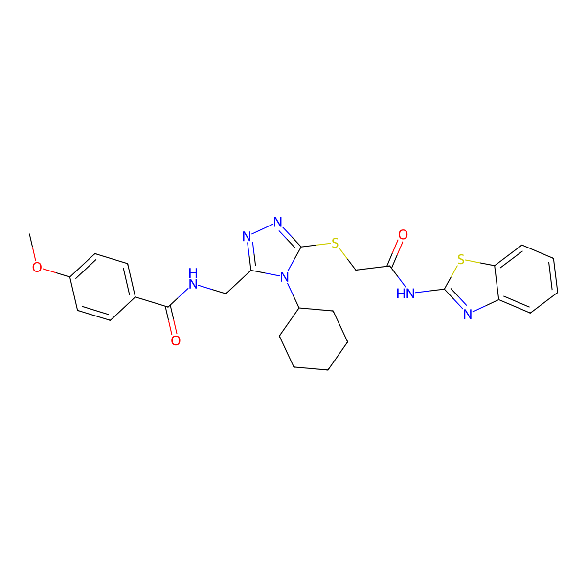 N-((5-((2-(benzo[d]thiazol-2-ylamino)-2-oxoethyl)thio)-4-cyclohexyl-4H-1,2,4-triazol-3-yl)methyl)-4-methoxybenzamide molecular structure, CAS 476448-63-2