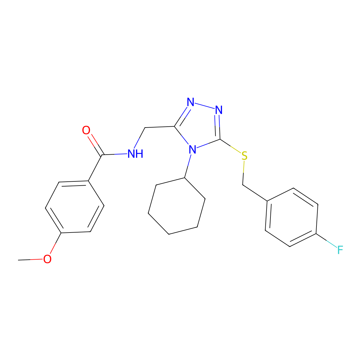 N-[[4-cyclohexyl-5-[(4-fluorophenyl)methylsulfanyl]-1,2,4-triazol-3-yl]methyl]-4-methoxybenzamide molecular structure, CAS 476448-69-8