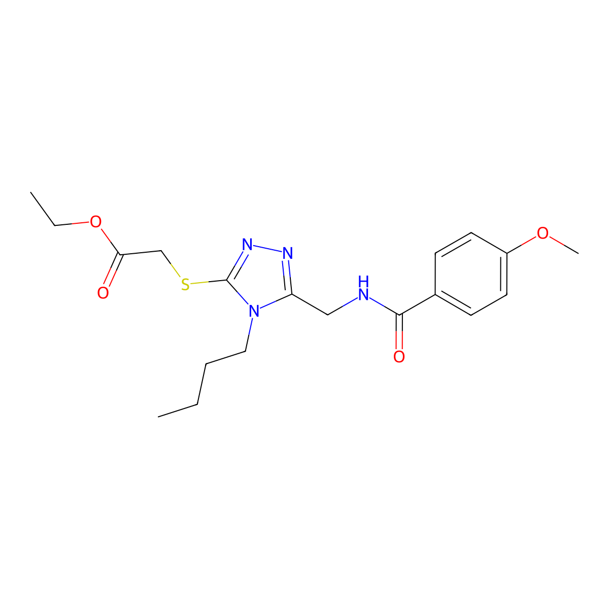 ethyl 2-((4-butyl-5-((4-methoxybenzamido)methyl)-4H-1,2,4-triazol-3-yl)thio)acetate molecular structure, CAS 476449-19-1