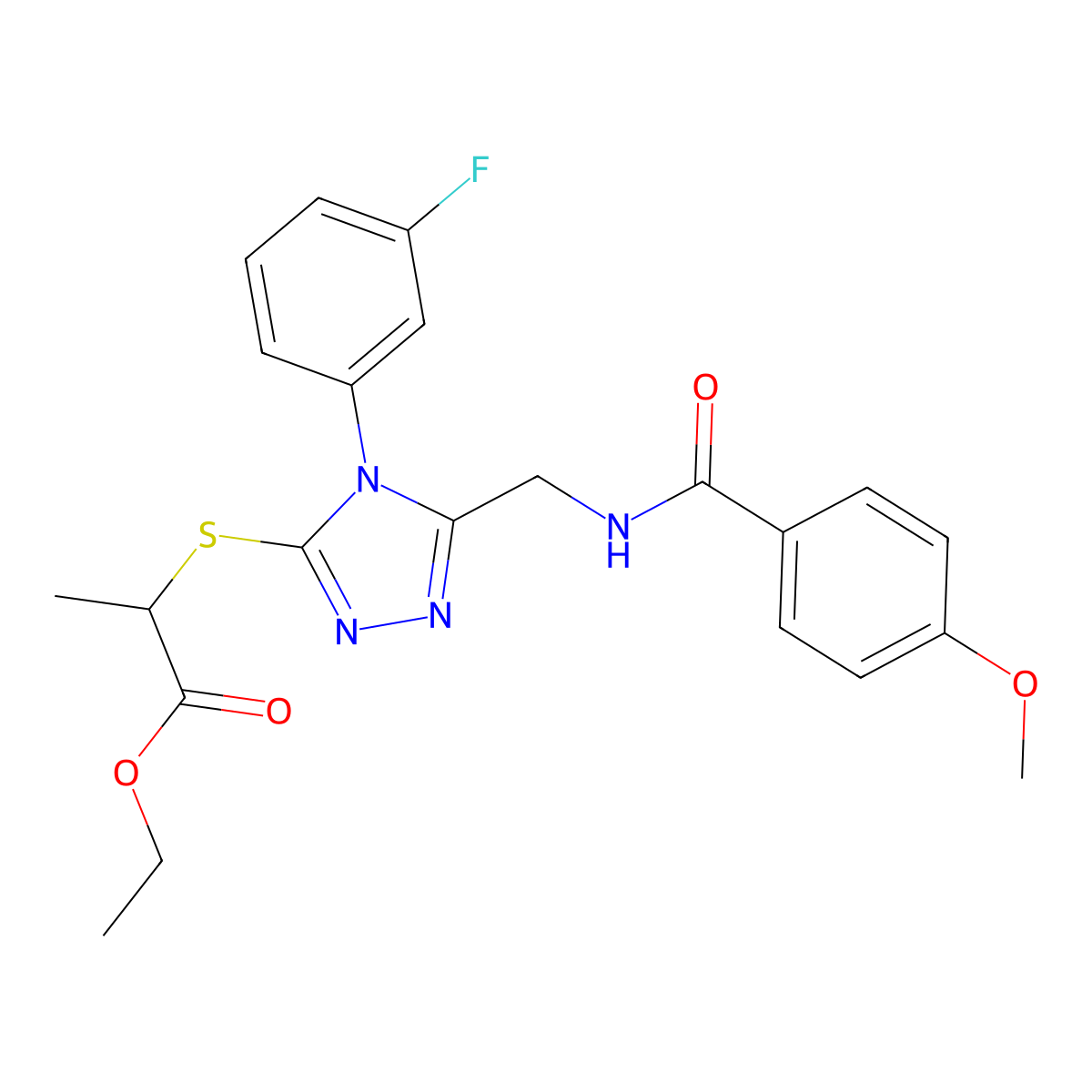 ethyl 2-((4-(3-fluorophenyl)-5-((4-methoxybenzamido)methyl)-4H-1,2,4-triazol-3-yl)thio)propanoate molecular structure, CAS 476449-93-1