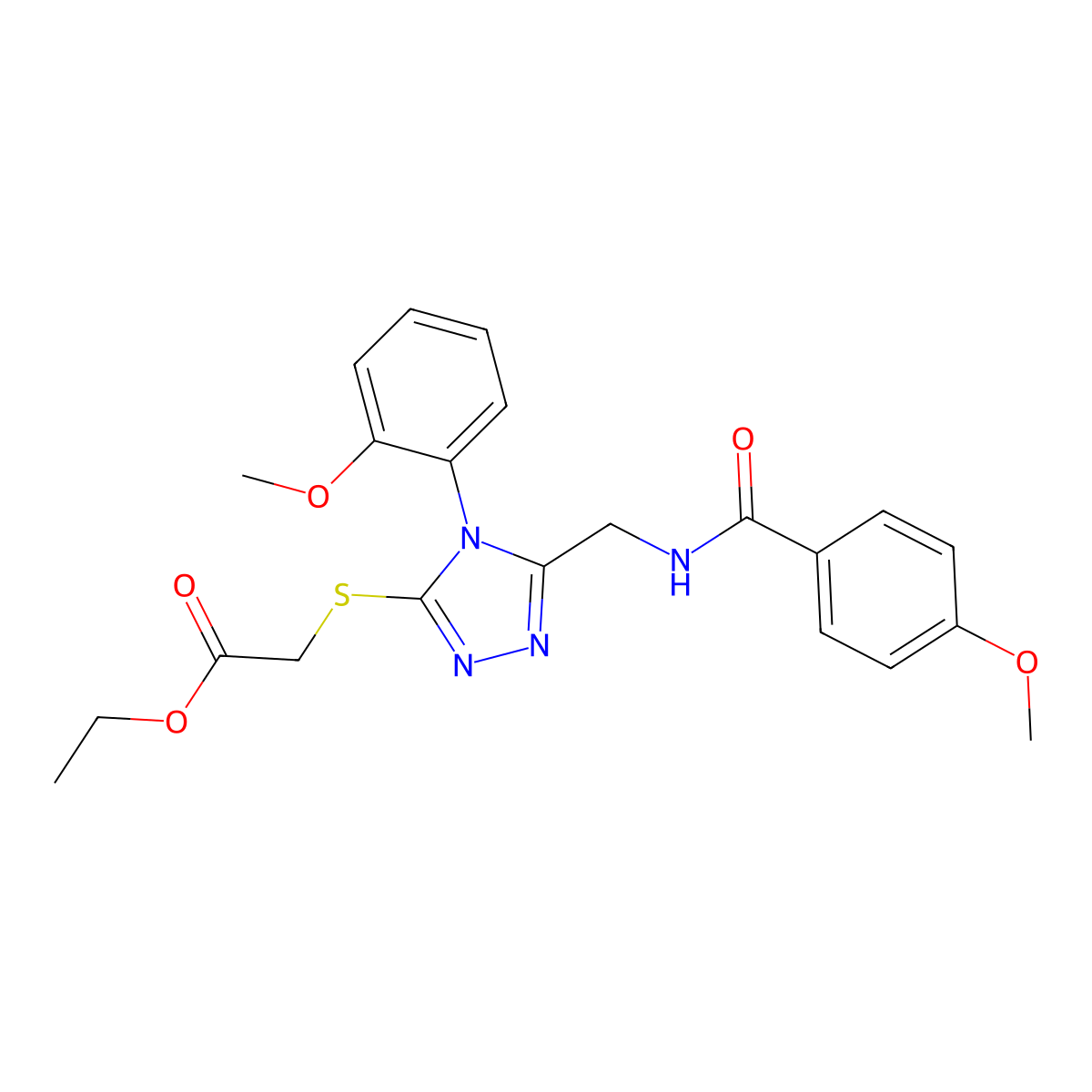 ethyl 2-((5-((4-methoxybenzamido)methyl)-4-(2-methoxyphenyl)-4H-1,2,4-triazol-3-yl)thio)acetate molecular structure, CAS 476450-31-4
