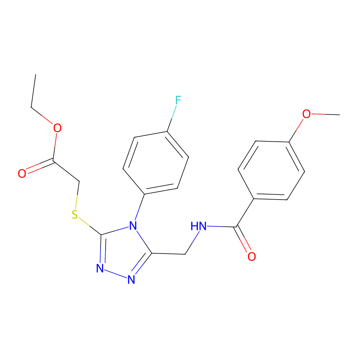 ethyl 2-((4-(4-fluorophenyl)-5-((4-methoxybenzamido)methyl)-4H-1,2,4-triazol-3-yl)thio)acetate molecular structure, CAS 476450-75-6