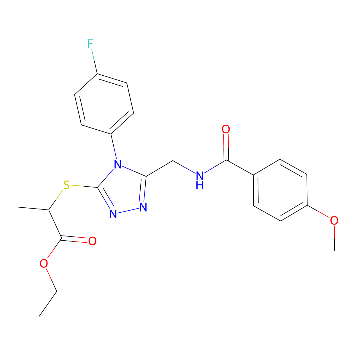 ethyl 2-((4-(4-fluorophenyl)-5-((4-methoxybenzamido)methyl)-4H-1,2,4-triazol-3-yl)thio)propanoate molecular structure, CAS 476450-76-7