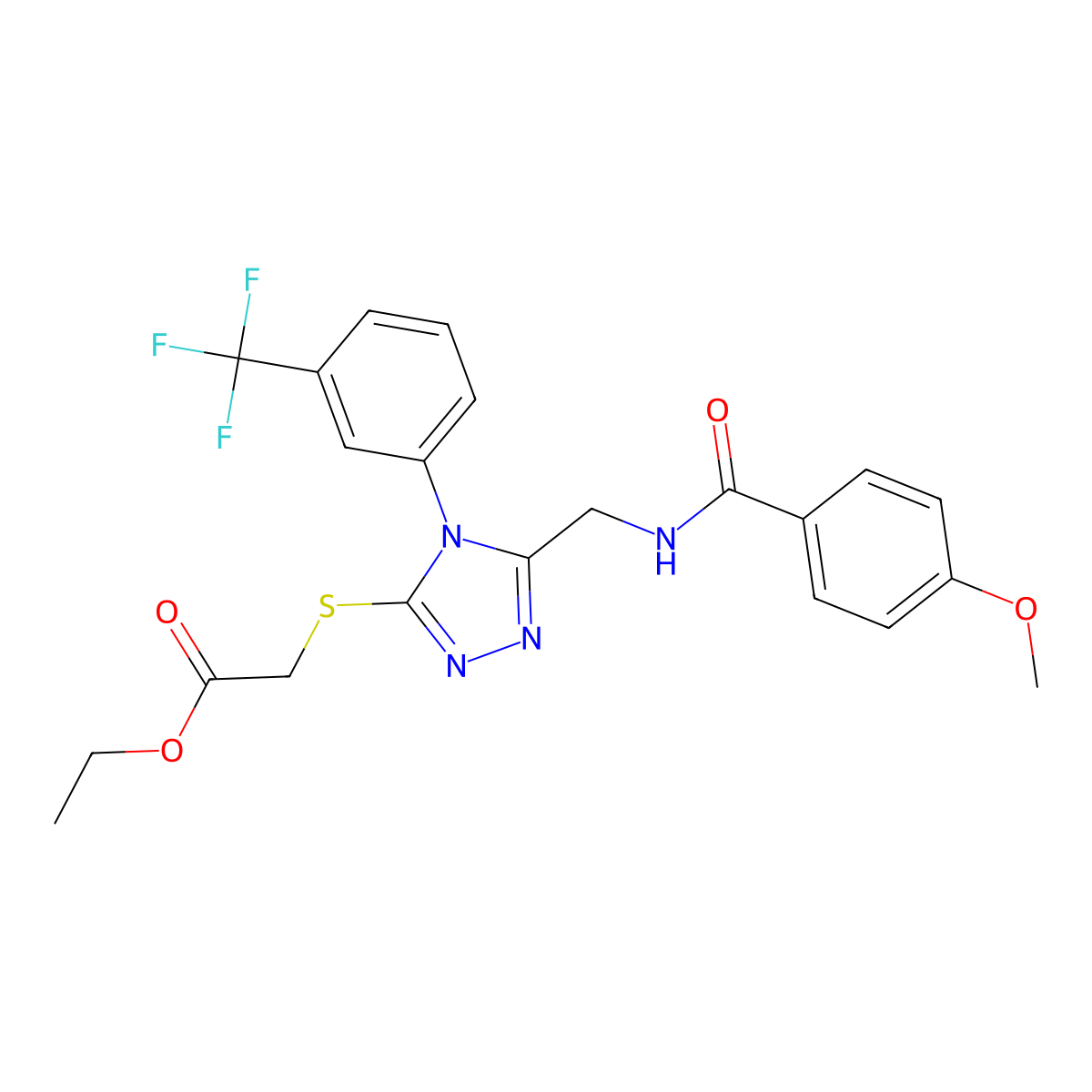 ethyl 2-((5-((4-methoxybenzamido)methyl)-4-(3-(trifluoromethyl)phenyl)-4H-1,2,4-triazol-3-yl)thio)acetate molecular structure, CAS 476451-44-2