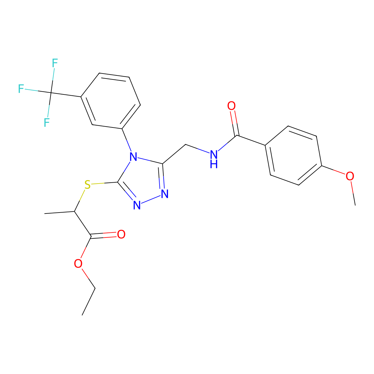 ethyl 2-((5-((4-methoxybenzamido)methyl)-4-(3-(trifluoromethyl)phenyl)-4H-1,2,4-triazol-3-yl)thio)propanoate molecular structure, CAS 476451-45-3