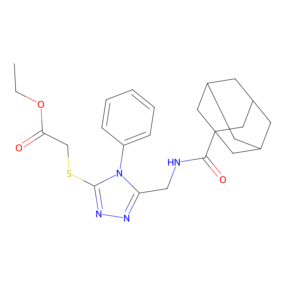 Ethyl 2-[[5-[(adamantane-1-carbonylamino)methyl]-4-phenyl-1,2,4-triazol-3-yl]sulfanyl]acetate molecular structure, CAS 476452-11-6