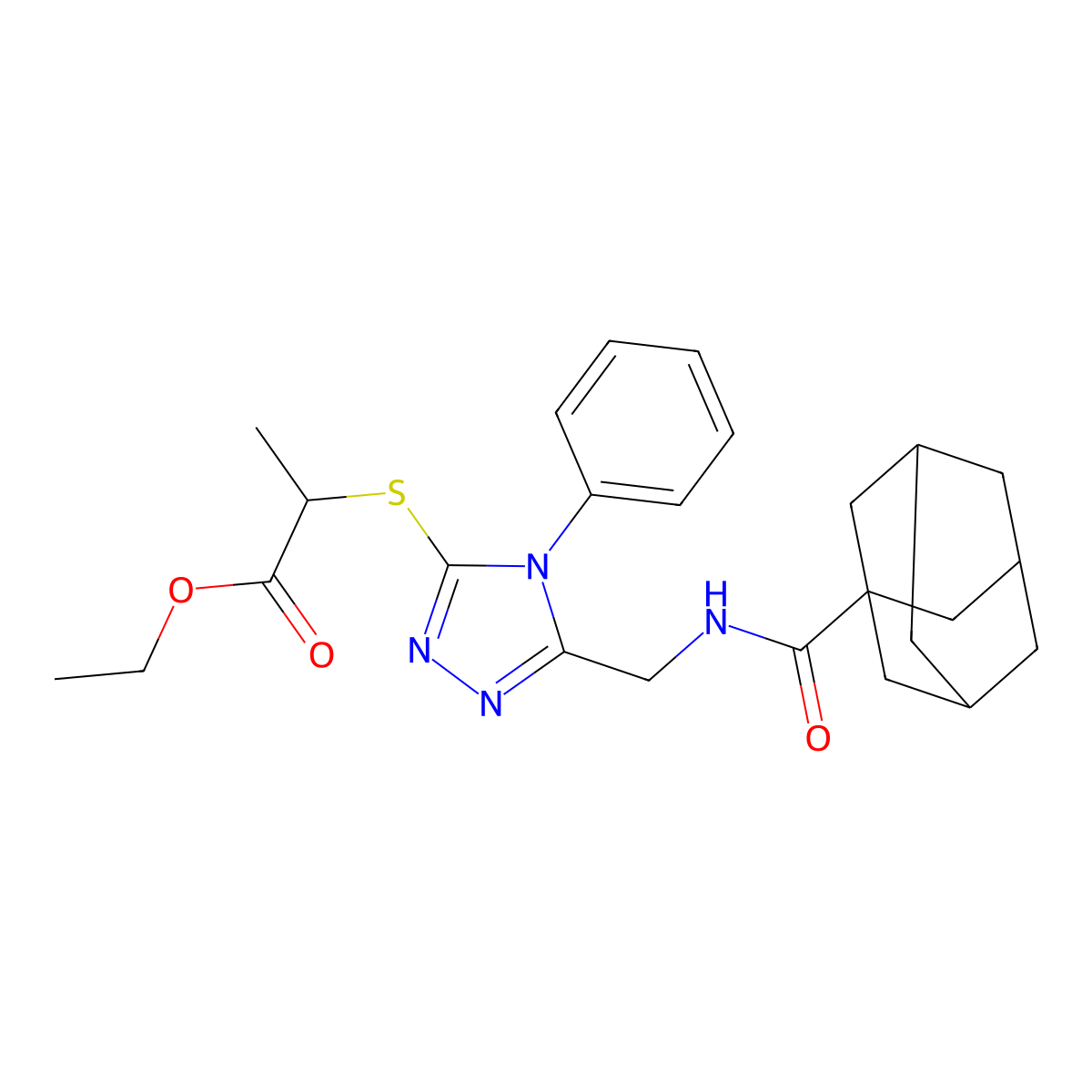 Ethyl 2-[[5-[(adamantane-1-carbonylamino)methyl]-4-phenyl-1,2,4-triazol-3-yl]sulfanyl]propanoate molecular structure, CAS 476452-12-7