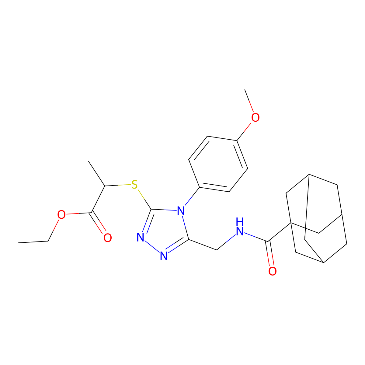 Ethyl 2-[[5-[(adamantane-1-carbonylamino)methyl]-4-(4-methoxyphenyl)-1,2,4-triazol-3-yl]sulfanyl]propanoate molecular structure, CAS 476452-54-7