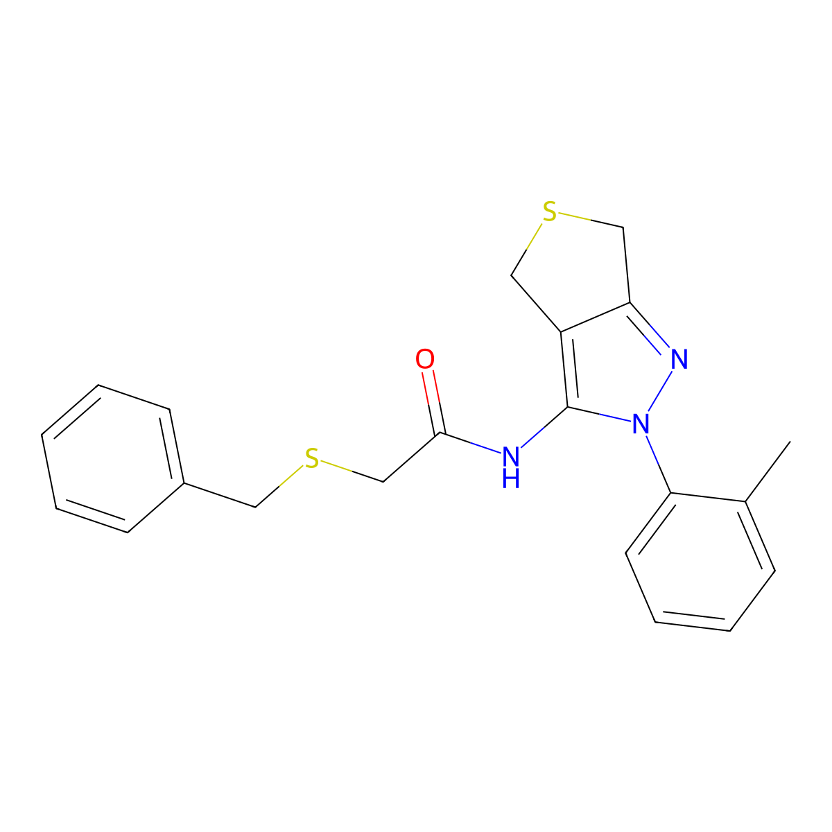 2-benzylsulfanyl-N-[2-(2-methylphenyl)-4,6-dihydrothieno[3,4-c]pyrazol-3-yl]acetamide molecular structure, CAS 476458-53-4