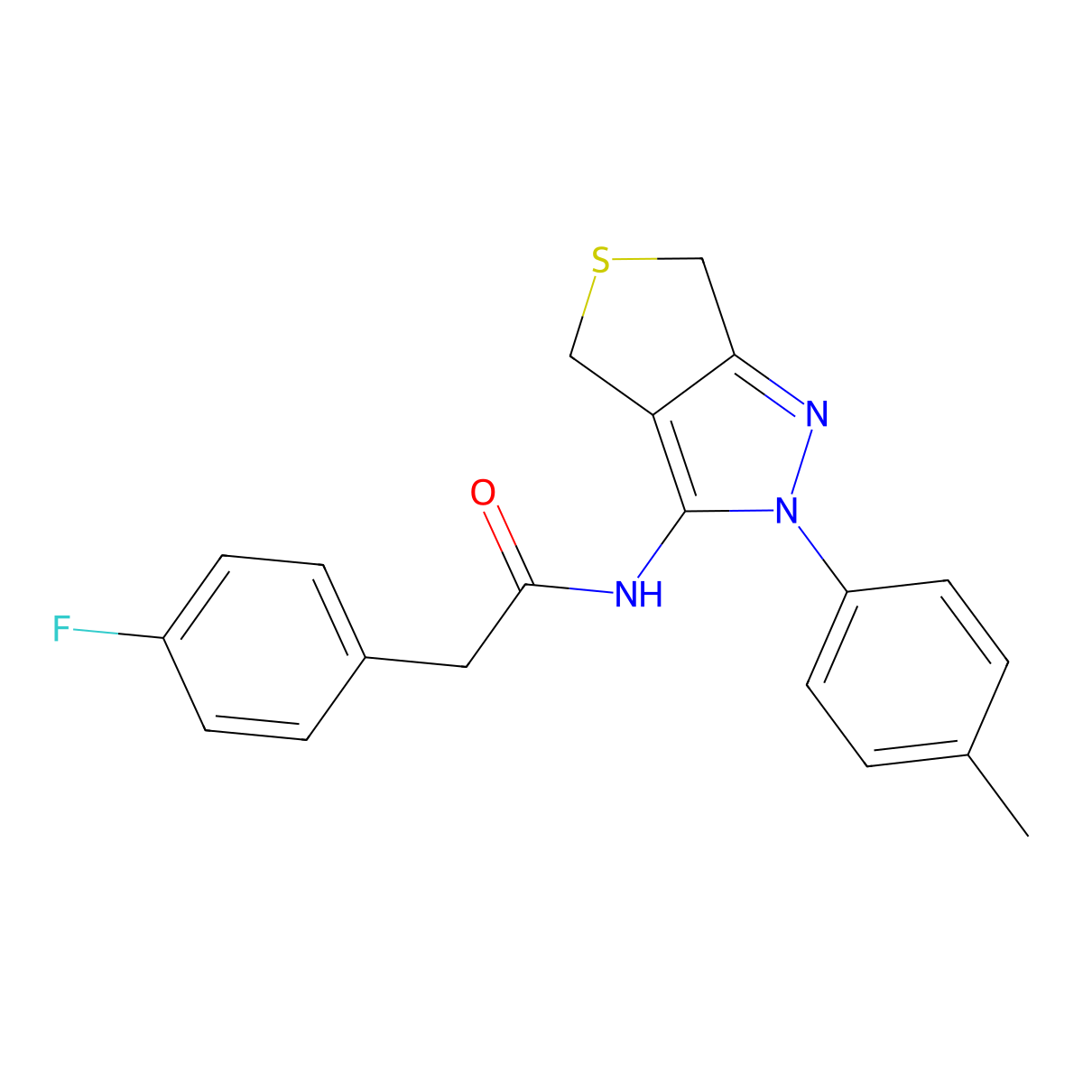 2-(4-fluorophenyl)-N-[2-(4-methylphenyl)-4,6-dihydrothieno[3,4-c]pyrazol-3-yl]acetamide molecular structure, CAS 476458-84-1