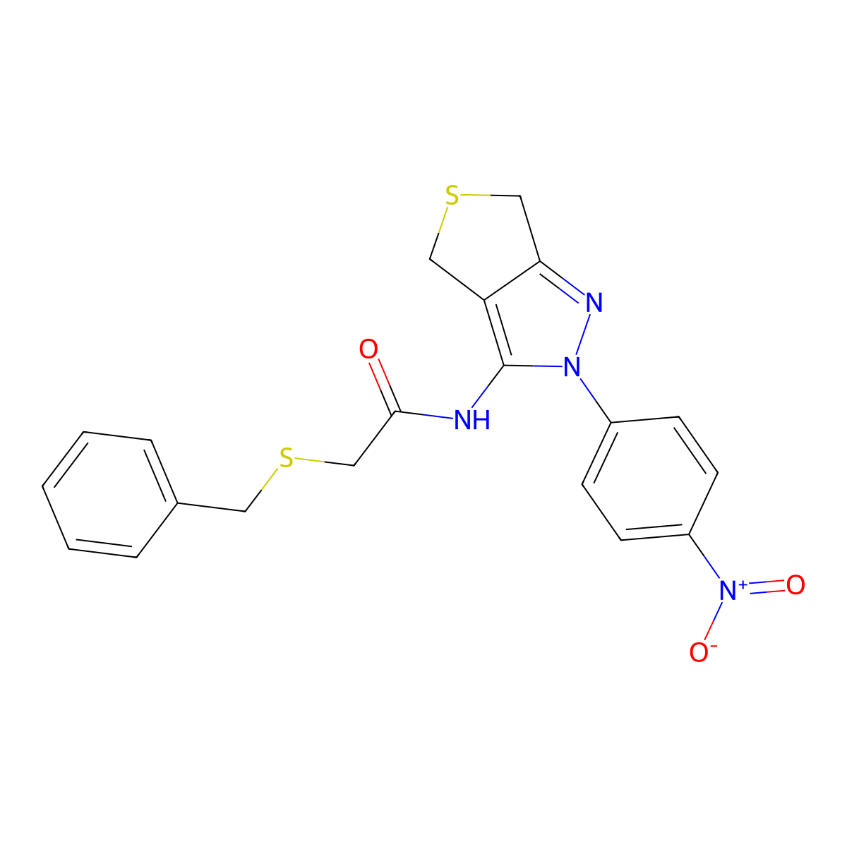 2-benzylsulfanyl-N-[2-(4-nitrophenyl)-4,6-dihydrothieno[3,4-c]pyrazol-3-yl]acetamide molecular structure, CAS 476459-06-0