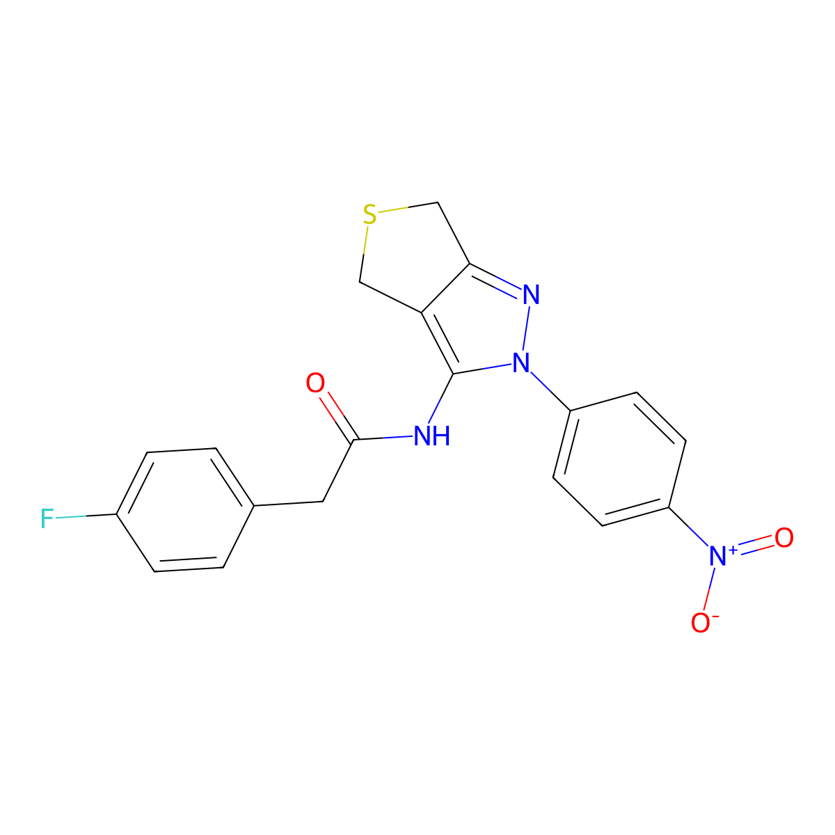 2-(4-fluorophenyl)-N-(2-(4-nitrophenyl)-4,6-dihydro-2H-thieno[3,4-c]pyrazol-3-yl)acetamide molecular structure, CAS 476459-08-2