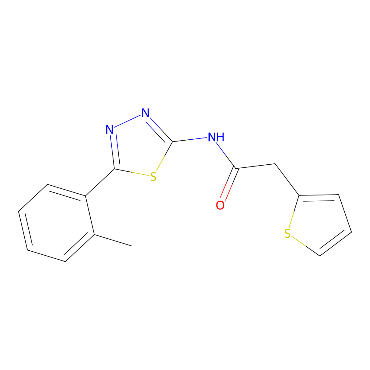 2-(thiophen-2-yl)-N-(5-(o-tolyl)-1,3,4-thiadiazol-2-yl)acetamide molecular structure, CAS 476460-12-5