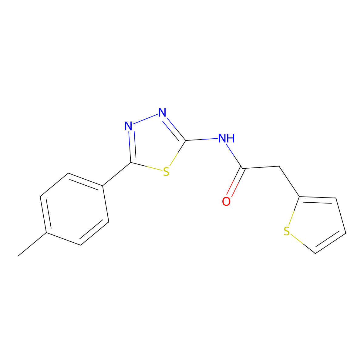 2-(thiophen-2-yl)-N-(5-(p-tolyl)-1,3,4-thiadiazol-2-yl)acetamide molecular structure, CAS 476462-00-7