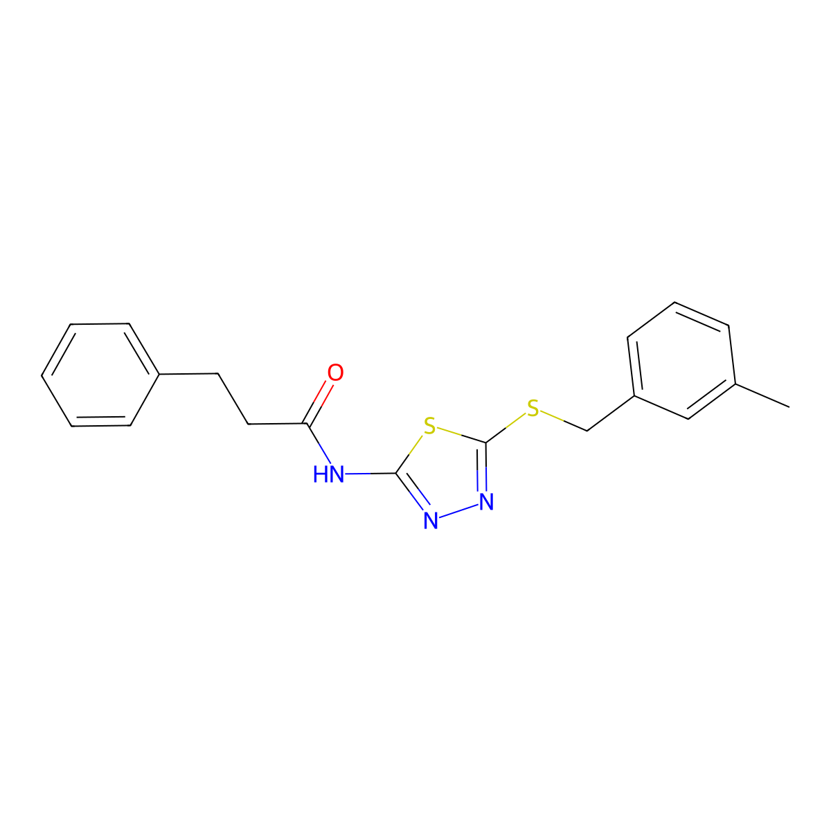 N-(5-((3-methylbenzyl)thio)-1,3,4-thiadiazol-2-yl)-3-phenylpropanamide molecular structure, CAS 476464-24-1