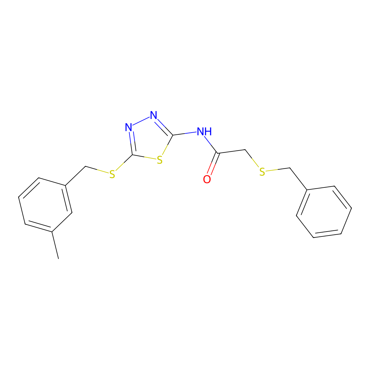 2-(benzylthio)-N-(5-((3-methylbenzyl)thio)-1,3,4-thiadiazol-2-yl)acetamide molecular structure, CAS 476464-26-3