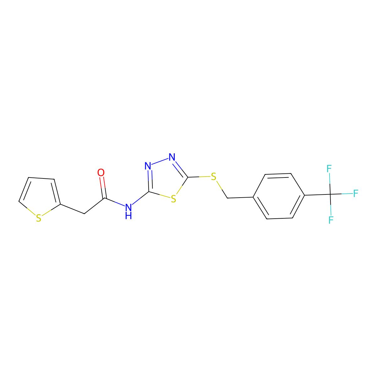 2-thiophen-2-yl-N-[5-[[4-(trifluoromethyl)phenyl]methylthio]-1,3,4-thiadiazol-2-yl]acetamide molecular structure, CAS 476464-33-2