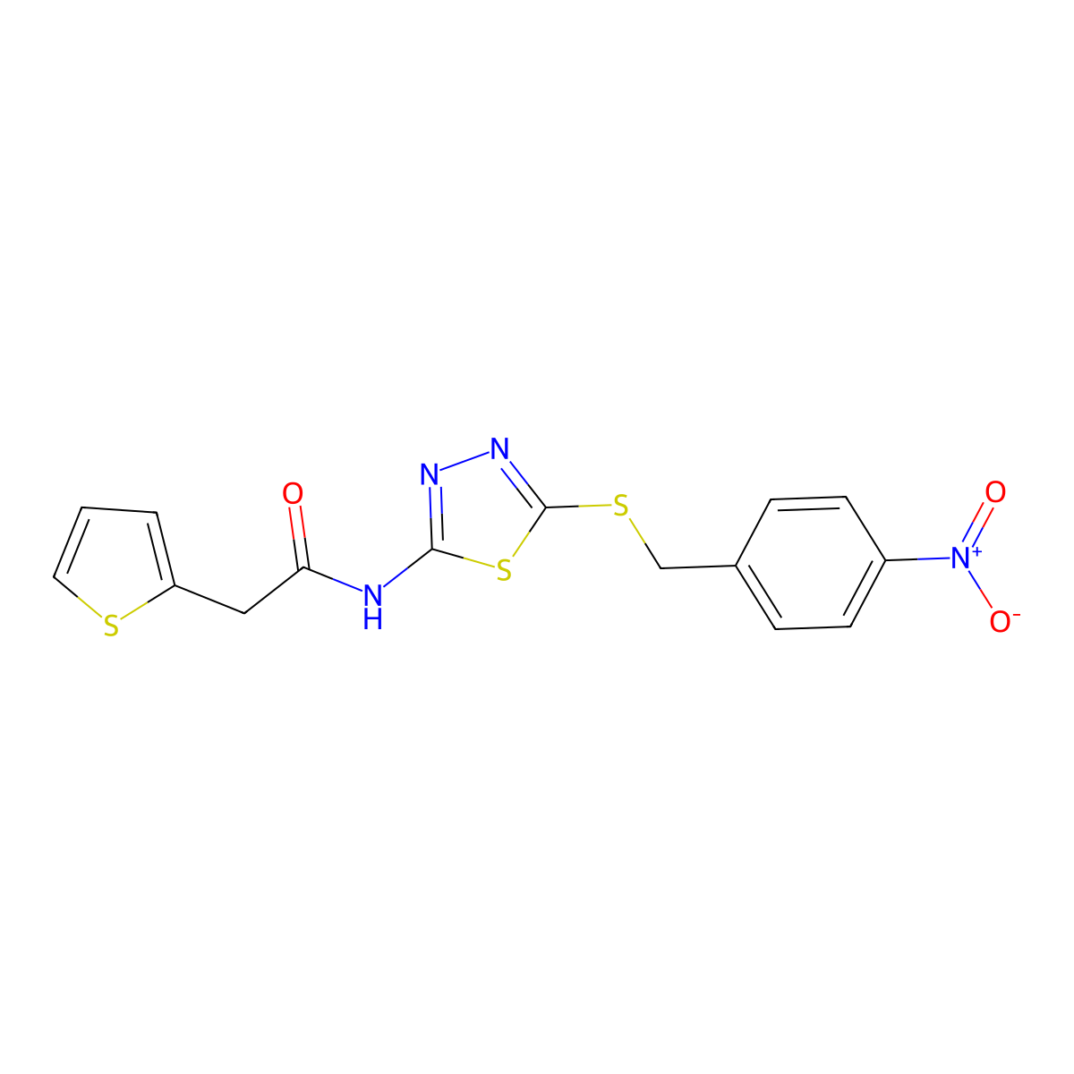 N-(5-((4-nitrobenzyl)thio)-1,3,4-thiadiazol-2-yl)-2-(thiophen-2-yl)acetamide molecular structure, CAS 476464-63-8