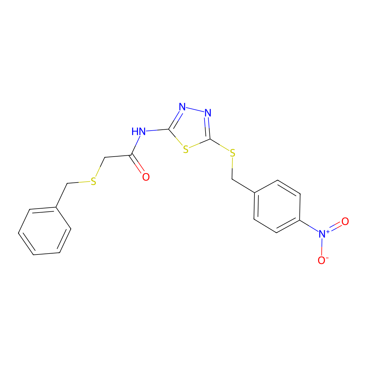 2-(benzylthio)-N-(5-((4-nitrobenzyl)thio)-1,3,4-thiadiazol-2-yl)acetamide molecular structure, CAS 476464-71-8