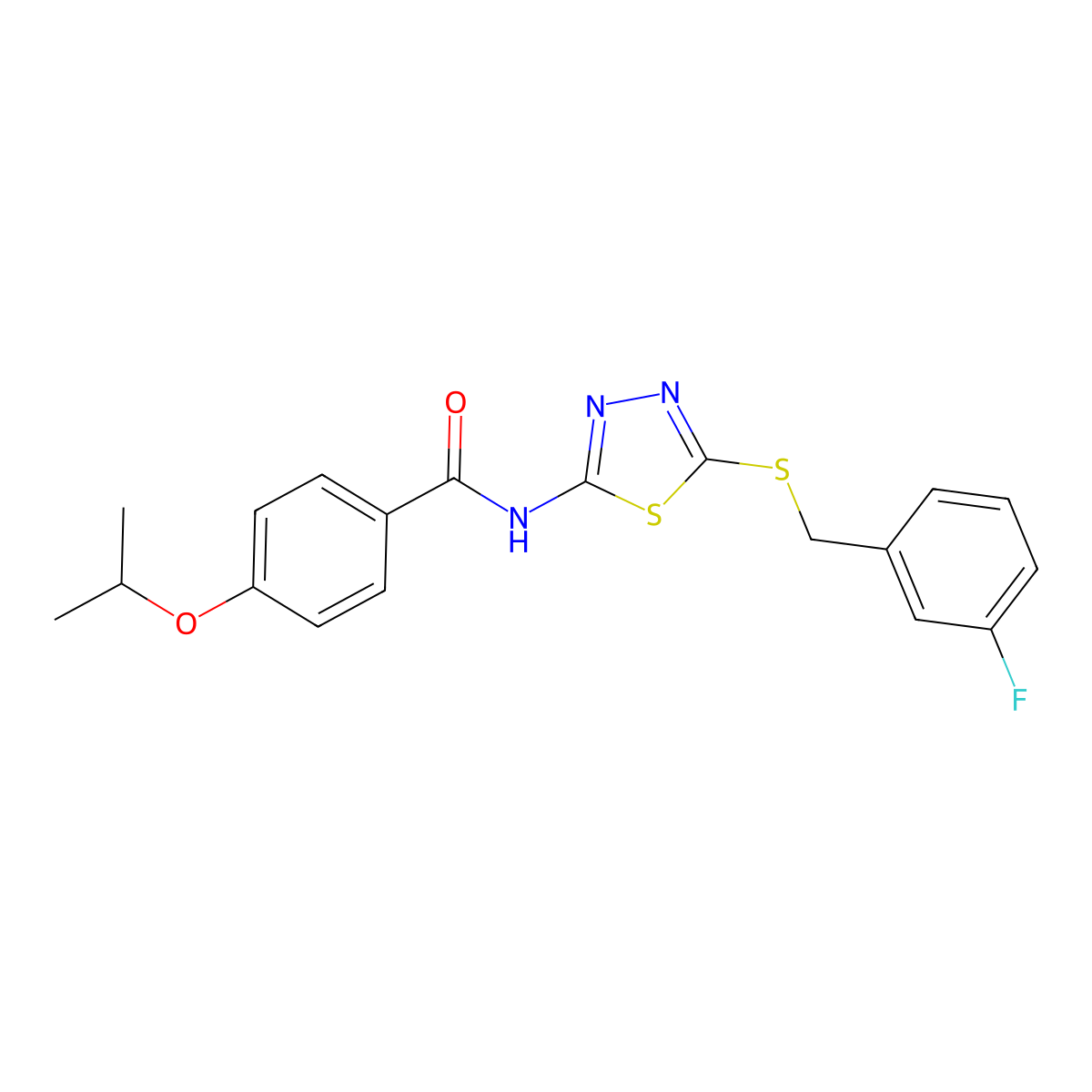 N-(5-((3-fluorobenzyl)thio)-1,3,4-thiadiazol-2-yl)-4-isopropoxybenzamide molecular structure, CAS 476464-75-2