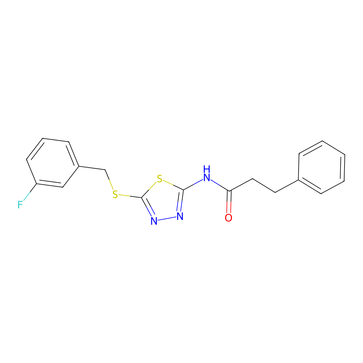 N-(5-((3-fluorobenzyl)thio)-1,3,4-thiadiazol-2-yl)-3-phenylpropanamide molecular structure, CAS 476464-84-3
