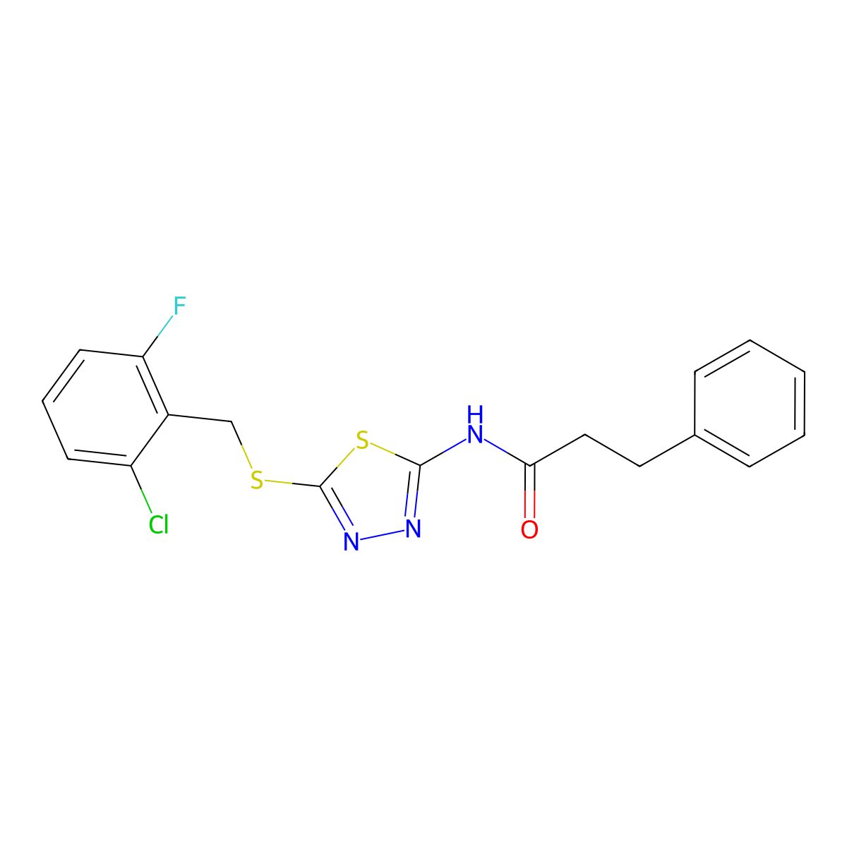 N-(5-((2-chloro-6-fluorobenzyl)thio)-1,3,4-thiadiazol-2-yl)-3-phenylpropanamide molecular structure, CAS 476464-99-0
