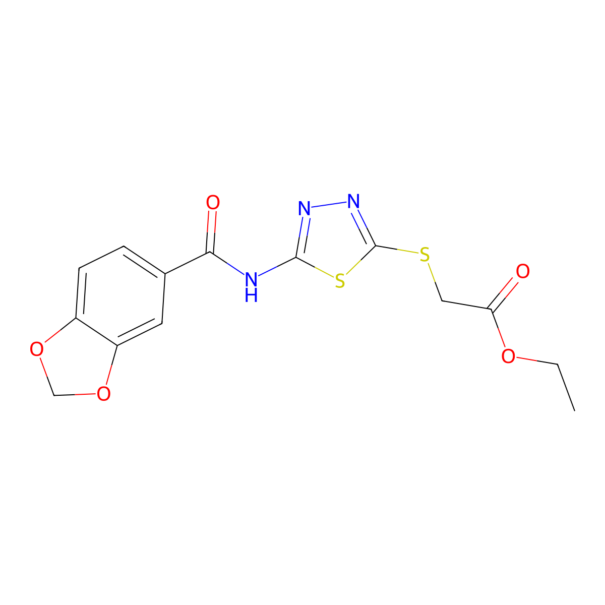 Ethyl 2-[[5-(1,3-benzodioxole-5-carbonylamino)-1,3,4-thiadiazol-2-yl]sulfanyl]acetate molecular structure, CAS 476465-09-5