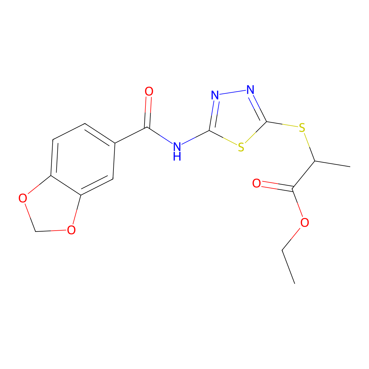 Ethyl 2-((5-(benzo[d][1,3]dioxole-5-carboxamido)-1,3,4-thiadiazol-2-yl)thio)propanoate molecular structure, CAS 476465-24-4