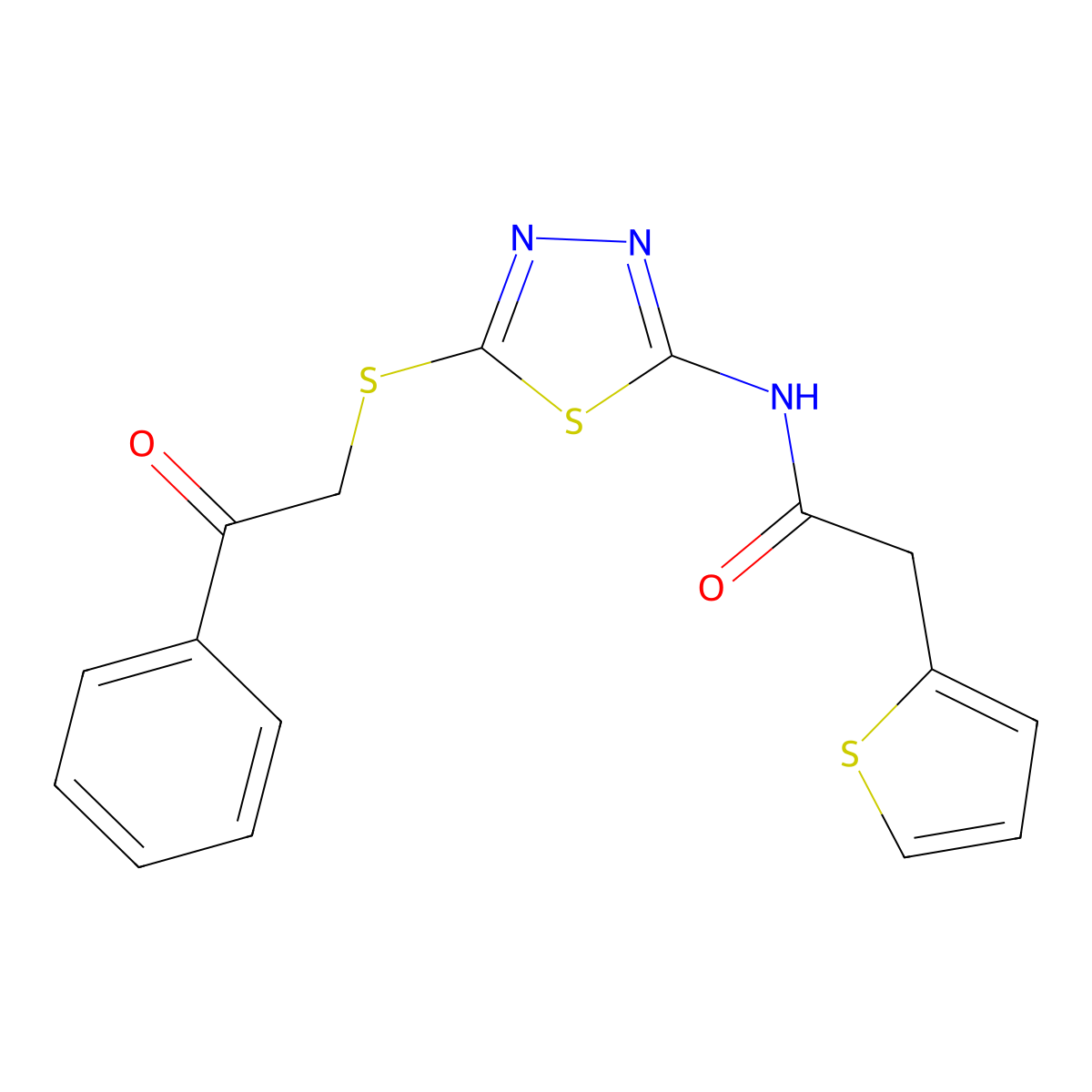 N-{5-[(2-oxo-2-phenylethyl)sulfanyl]-1,3,4-thiadiazol-2-yl}-2-(thiophen-2-yl)acetamide molecular structure, CAS 476465-38-0