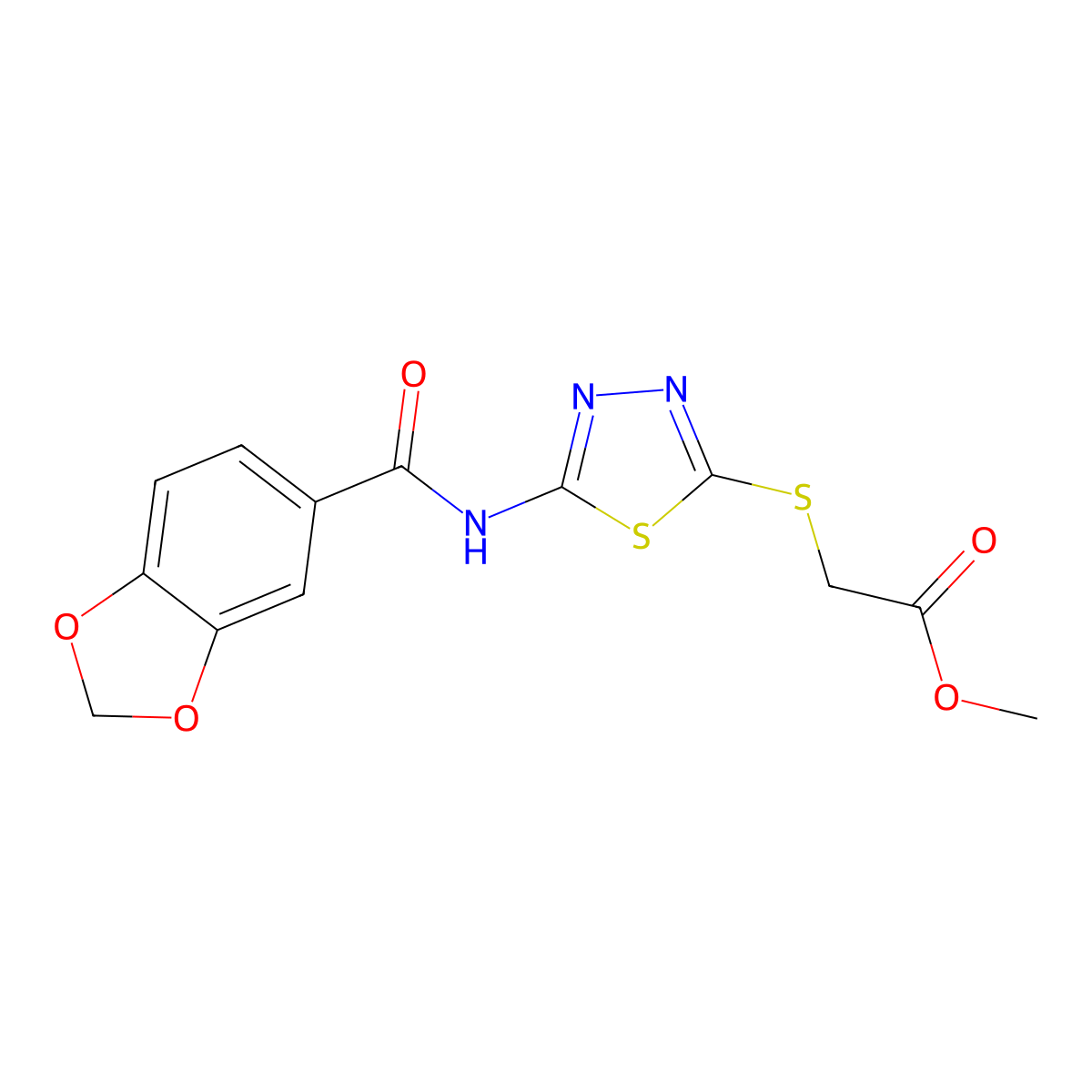 Methyl 2-[[5-(1,3-benzodioxole-5-carbonylamino)-1,3,4-thiadiazol-2-yl]sulfanyl]acetate molecular structure, CAS 476465-54-0