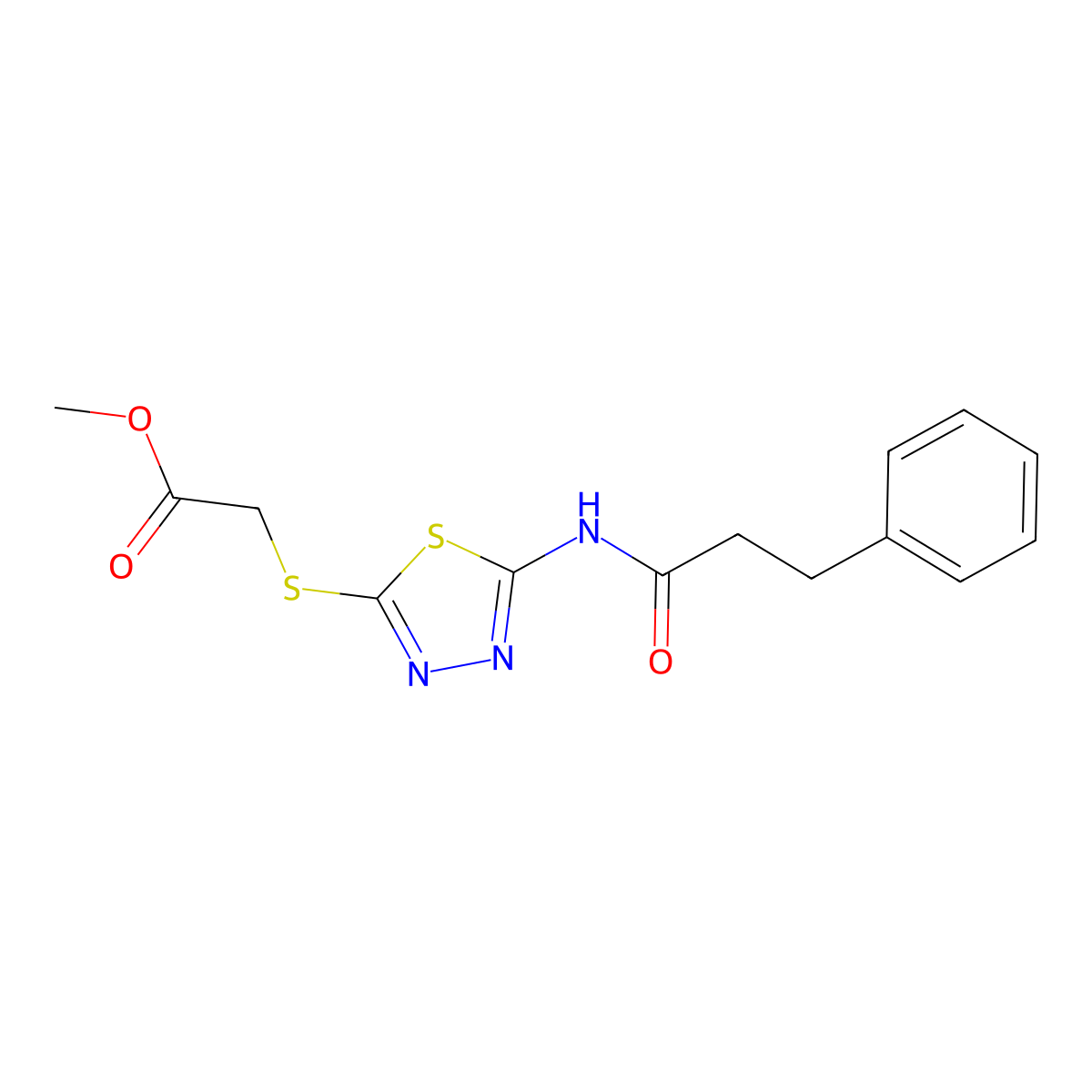 Methyl 2-((5-(3-phenylpropanamido)-1,3,4-thiadiazol-2-yl)thio)acetate molecular structure, CAS 476465-59-5