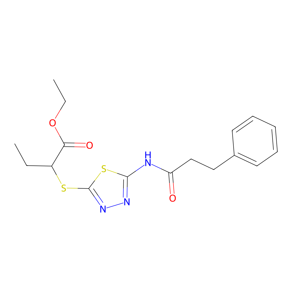 Ethyl 2-((5-(3-phenylpropanamido)-1,3,4-thiadiazol-2-yl)thio)butanoate molecular structure, CAS 476465-88-0