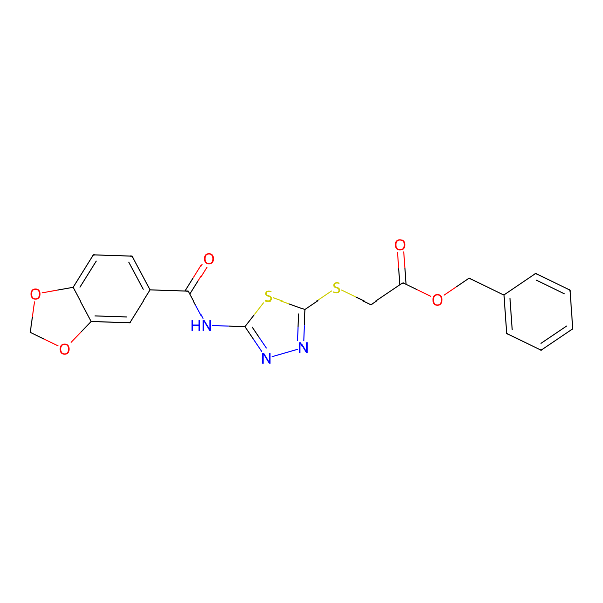 Benzyl 2-[[5-(1,3-benzodioxole-5-carbonylamino)-1,3,4-thiadiazol-2-yl]sulfanyl]acetate molecular structure, CAS 476466-00-9