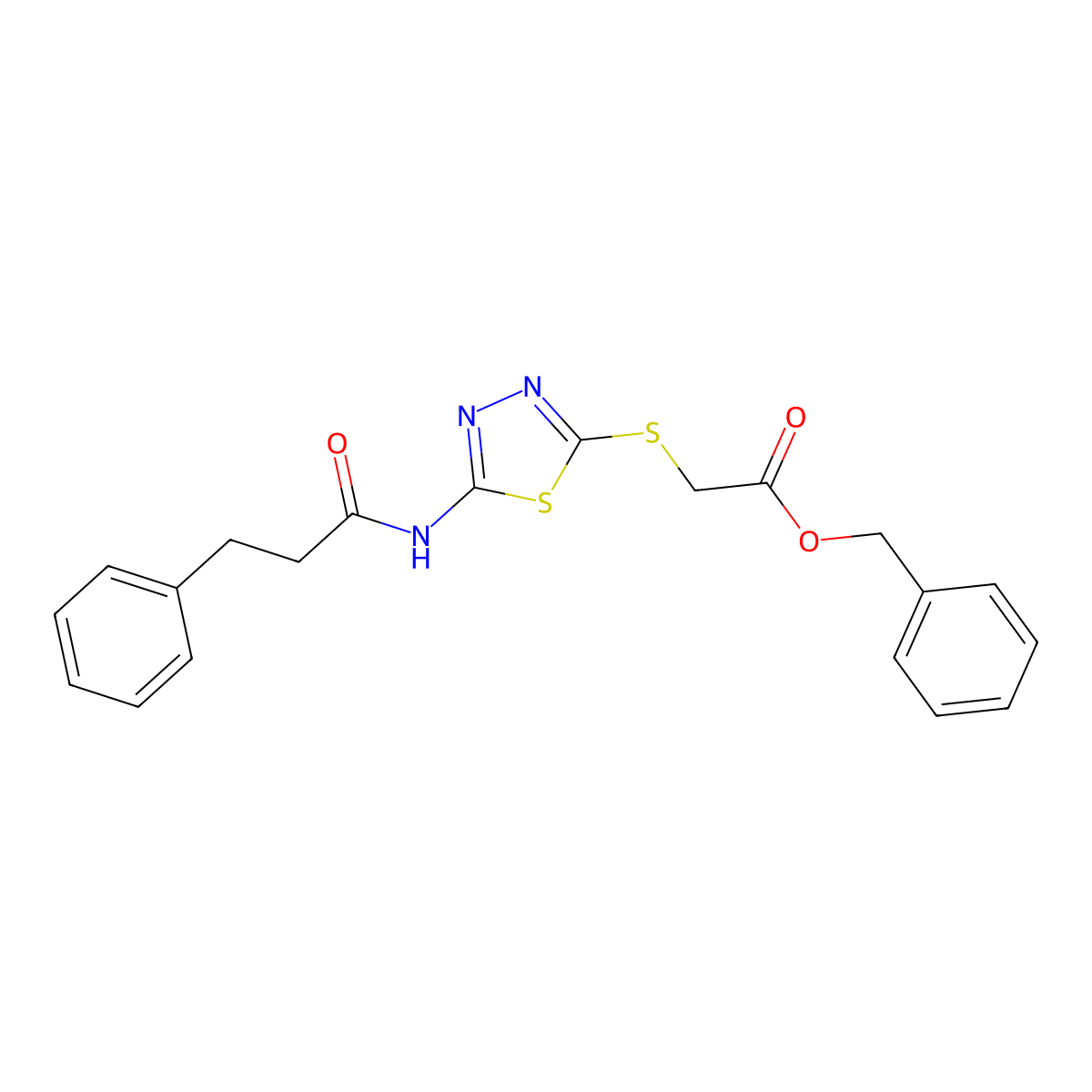 Benzyl 2-((5-(3-phenylpropanamido)-1,3,4-thiadiazol-2-yl)thio)acetate molecular structure, CAS 476466-05-4