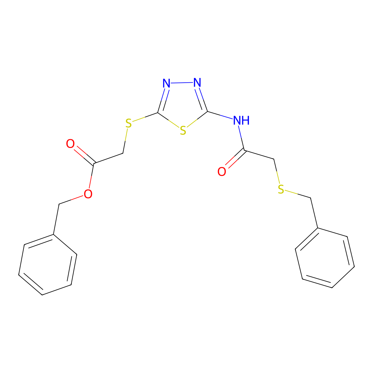 Benzyl 2-[[5-[(2-benzylsulfanylacetyl)amino]-1,3,4-thiadiazol-2-yl]sulfanyl]acetate molecular structure, CAS 476466-07-6