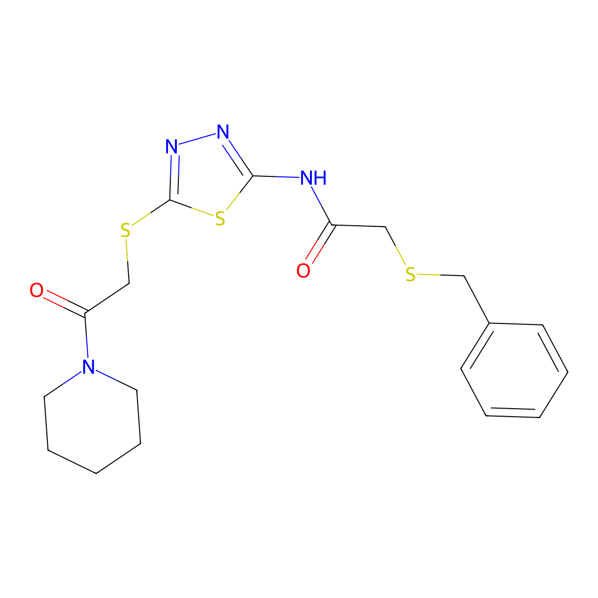 2-benzylsulfanyl-N-[5-(2-oxo-2-piperidin-1-ylethyl)sulfanyl-1,3,4-thiadiazol-2-yl]acetamide molecular structure, CAS 476466-52-1