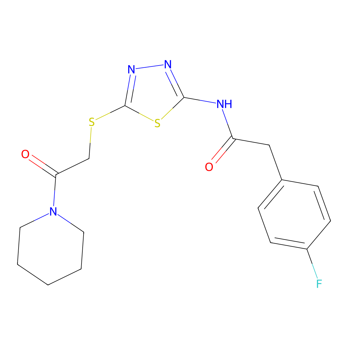 2-(4-fluorophenyl)-N-(5-((2-oxo-2-(piperidin-1-yl)ethyl)thio)-1,3,4-thiadiazol-2-yl)acetamide molecular structure, CAS 476466-54-3
