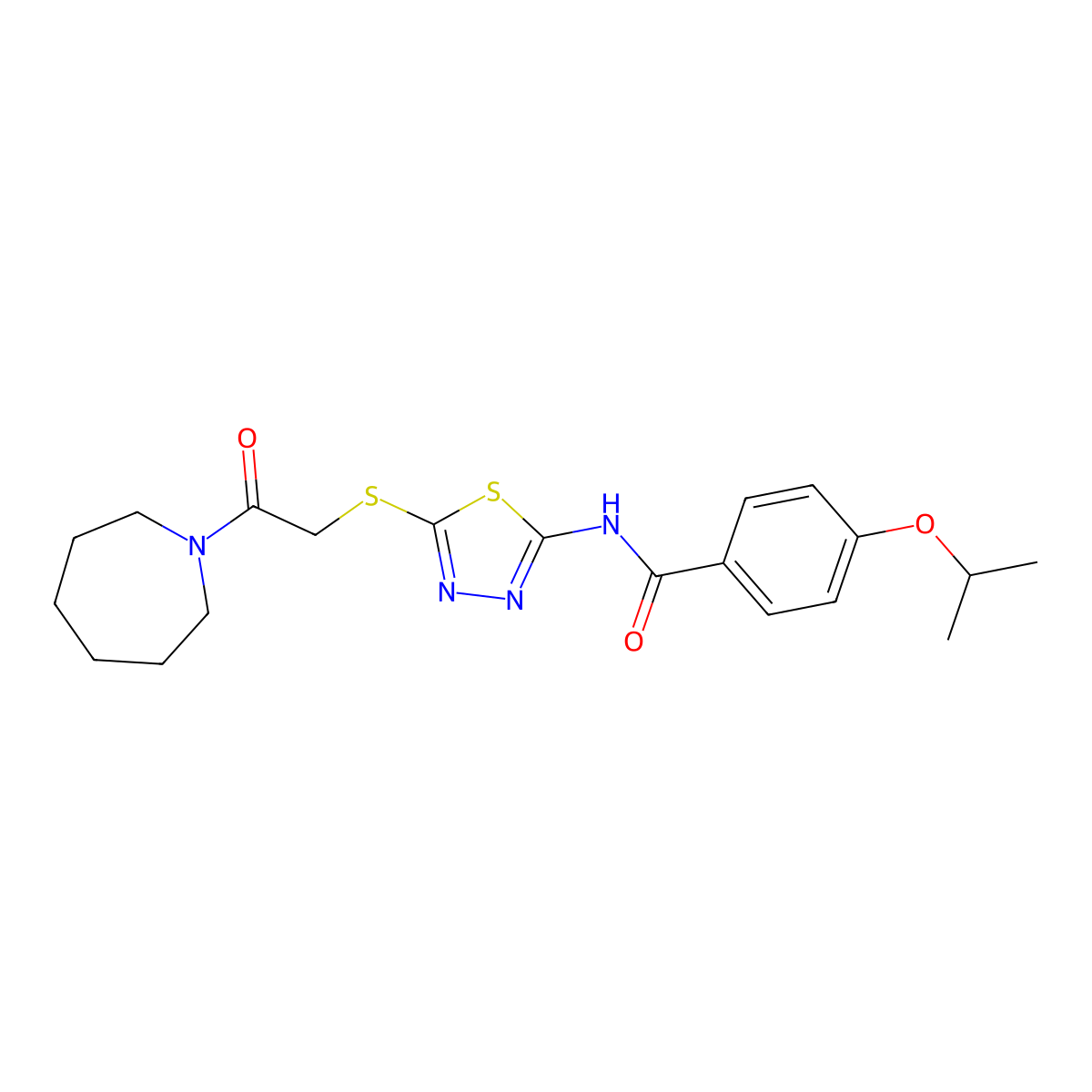 N-(5-((2-(azepan-1-yl)-2-oxoethyl)thio)-1,3,4-thiadiazol-2-yl)-4-isopropoxybenzamide molecular structure, CAS 476466-56-5