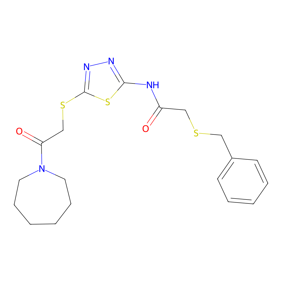 N-[5-[2-(azepan-1-yl)-2-oxoethyl]sulfanyl-1,3,4-thiadiazol-2-yl]-2-benzylsulfanylacetamide molecular structure, CAS 476466-67-8