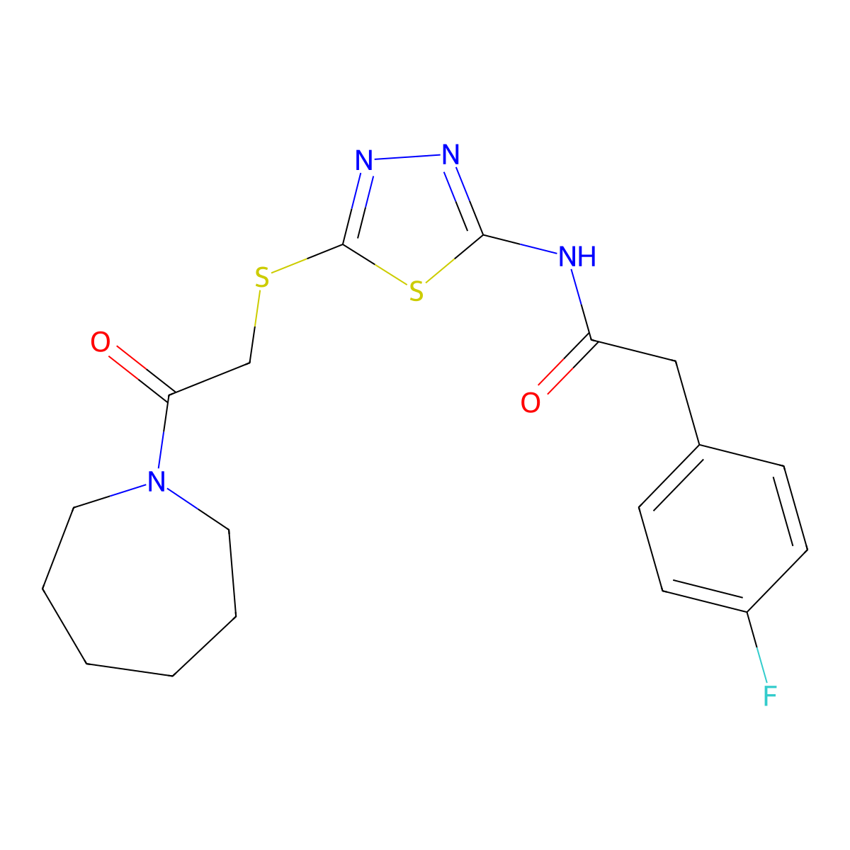 N-(5-((2-(azepan-1-yl)-2-oxoethyl)thio)-1,3,4-thiadiazol-2-yl)-2-(4-fluorophenyl)acetamide molecular structure, CAS 476466-69-0
