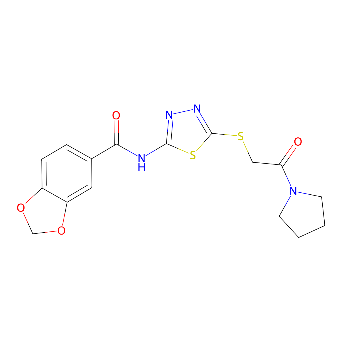 N-(5-((2-oxo-2-(pyrrolidin-1-yl)ethyl)thio)-1,3,4-thiadiazol-2-yl)benzo[d][1,3]dioxole-5-carboxamide molecular structure, CAS 476466-75-8