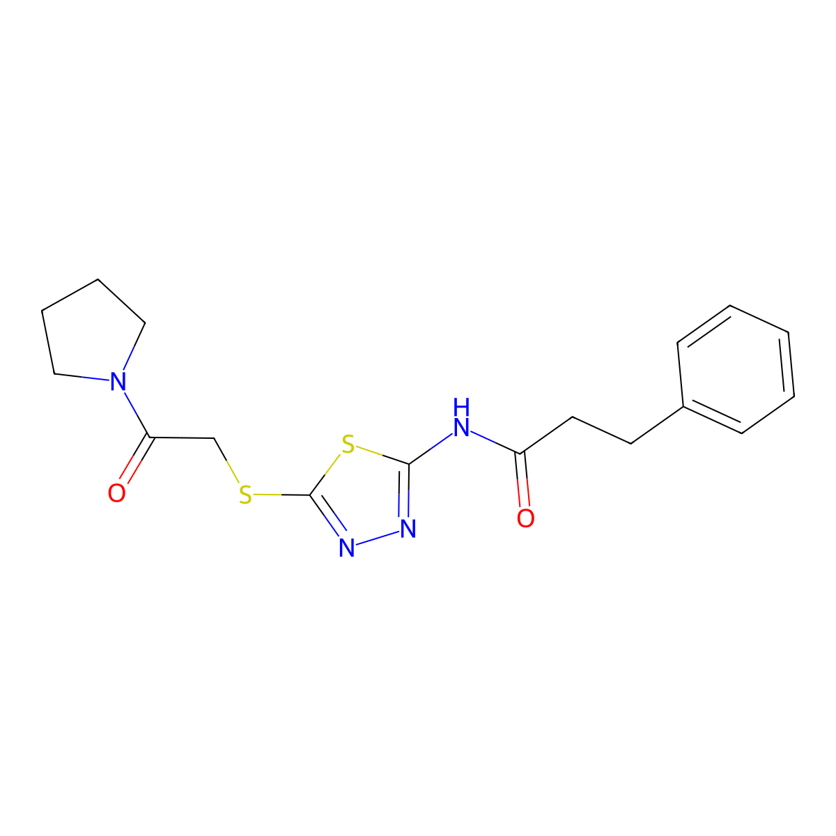 N-(5-{[2-oxo-2-(pyrrolidin-1-yl)ethyl]sulfanyl}-1,3,4-thiadiazol-2-yl)-3-phenylpropanamide molecular structure, CAS 476466-80-5