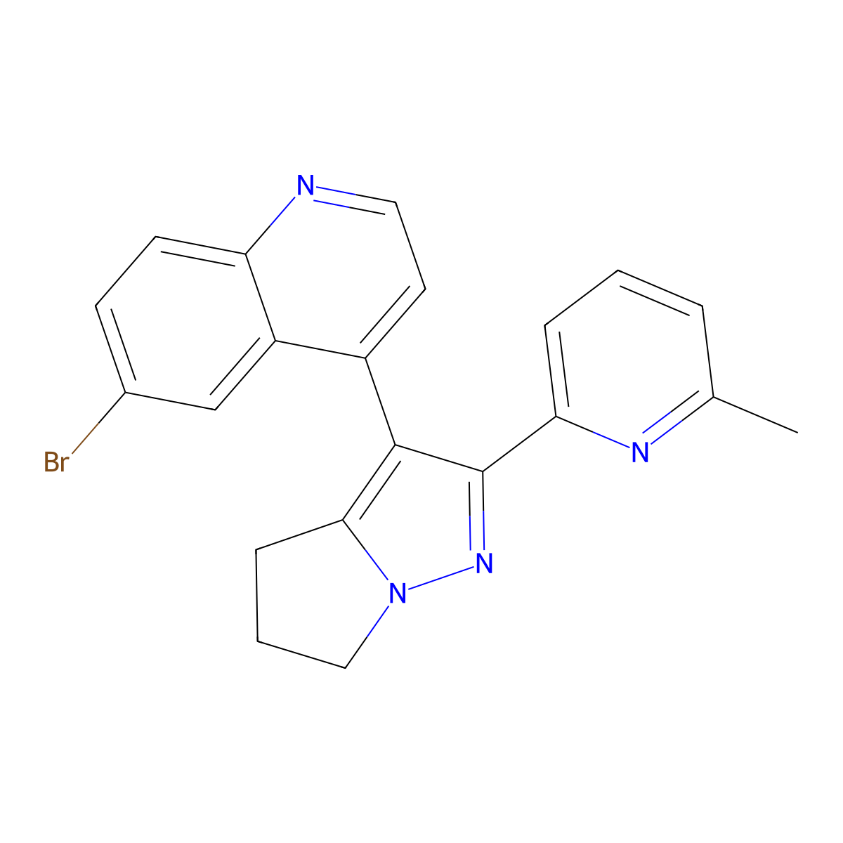6-bromo-4-(2-(6-methylpyridin-2-yl)-5,6-dihydro-4H-pyrrolo[1,2-b]pyrazol-3-yl)quinoline molecular structure, CAS 476474-52-9