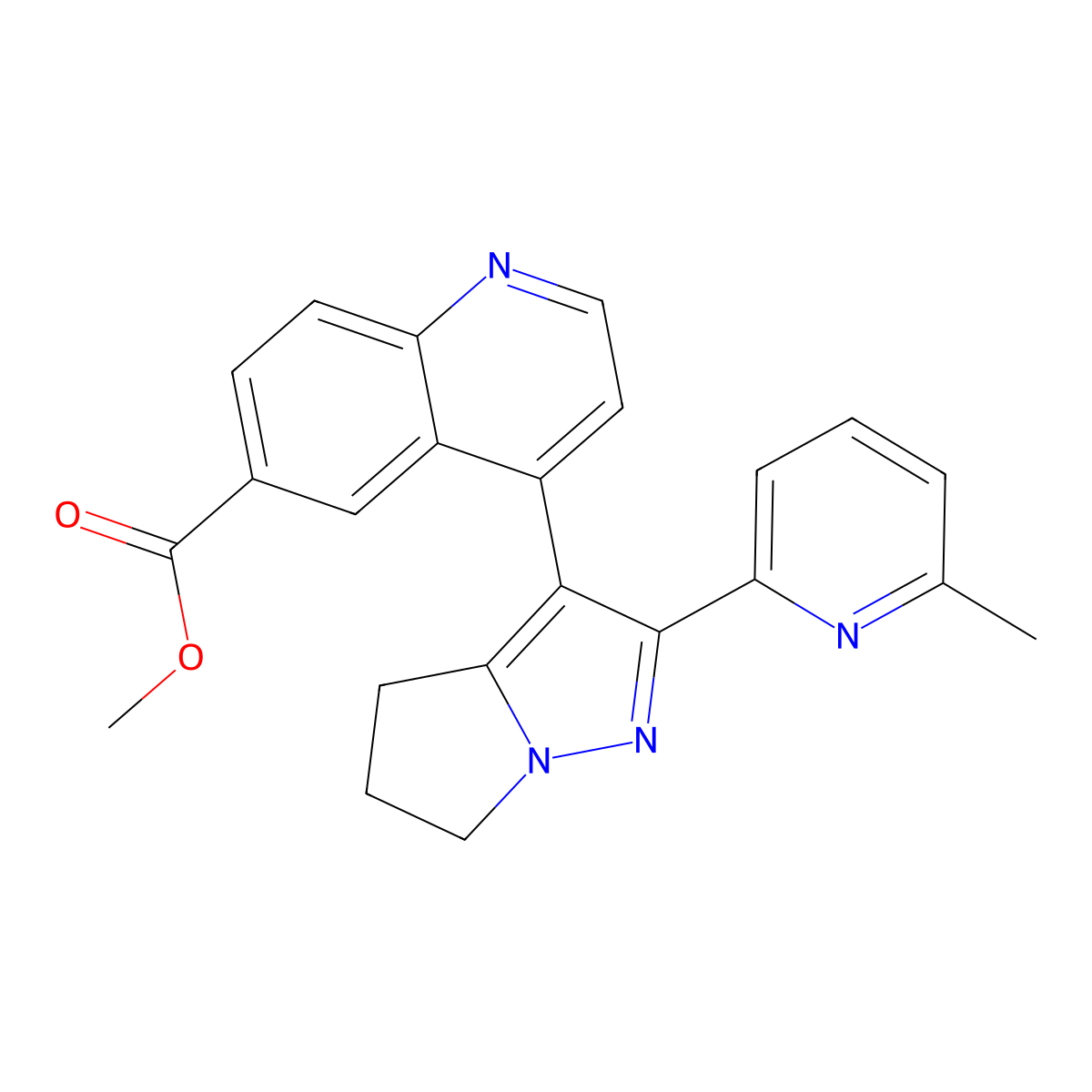 methyl 4-(2-(6-methylpyridin-2-yl)-5,6-dihydro-4H-pyrrolo[1,2-b]pyrazol-3-yl)quinoline-6-carboxylate molecular structure, CAS 476475-44-2